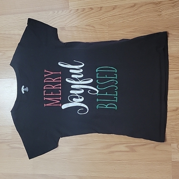 Womens Black Merry Joyful Blessed Christmas Xmas Holiday Cotton Tee T-Shirt - Picture 1 of 3